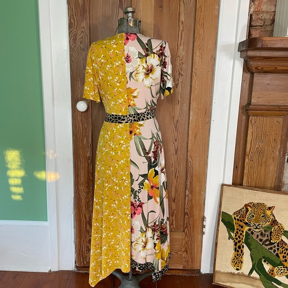 Leopard Print Floral Patchwork Midi Crossover Tie Dress - Size Medium - Picture 6 of 11